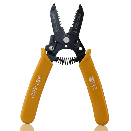 Portable cable stripping and crimping pliers with black jaws and yellow insulated handles