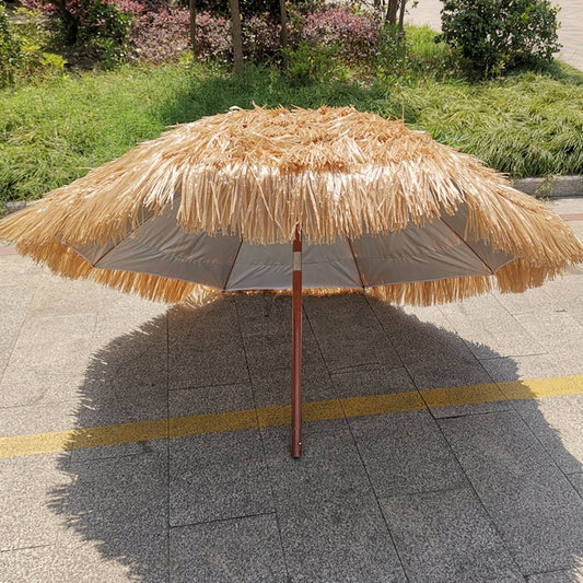 Imitation straw beach umbrella with dark canopy and fringe, wooden pole, 2 m shade