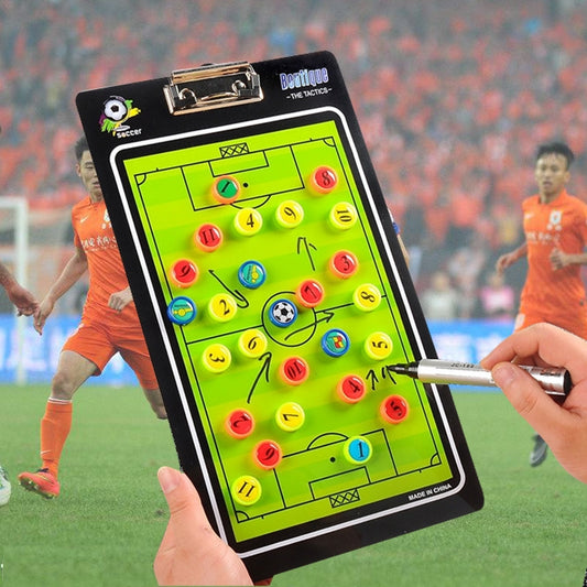 Magnetic soccer coach board with neon green pitch and colored magnetic pieces