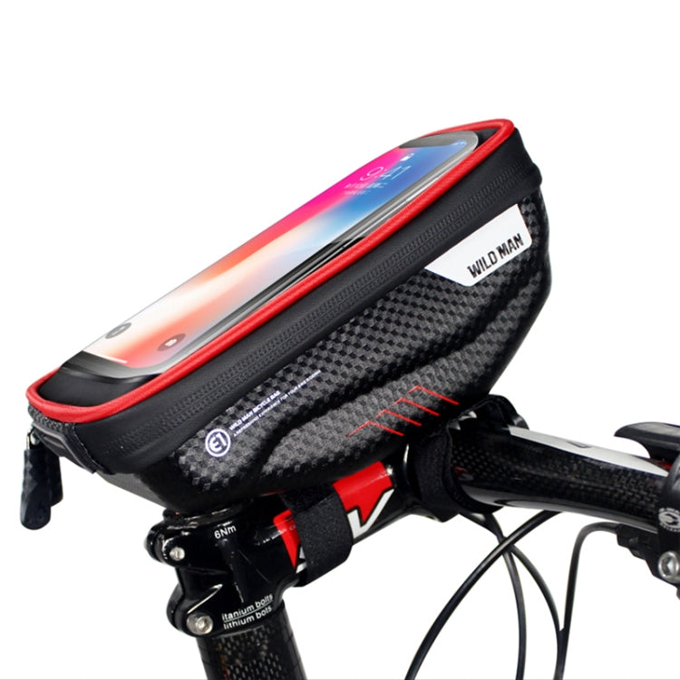 Red-trim waterproof bicycle front phone bag with zipper, mounted on handlebars