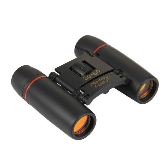 Black 30x60 binoculars front view, textured grip and orange accent rings