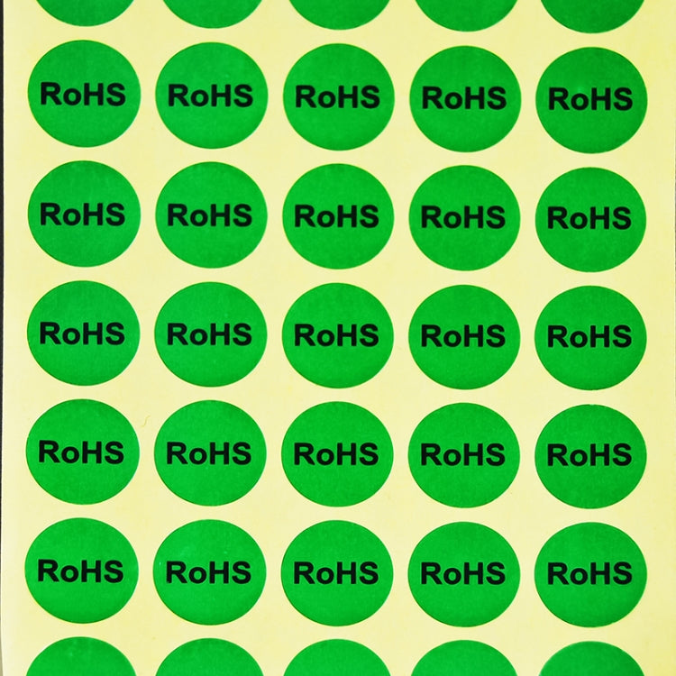 Sheet of round RoHS self-adhesive stickers, multiple green circles with RoHS text