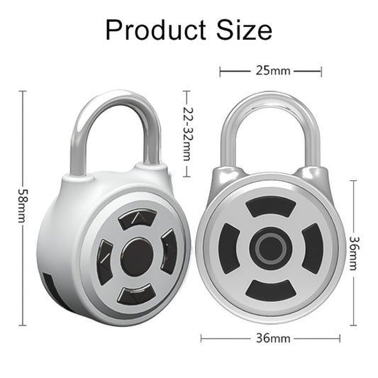 Padlock size chart showing silver smart Bluetooth keypad padlock, front and side views