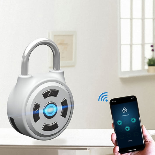 Smart Bluetooth keypad padlock with circular keypad and blue LED ring, silver and white