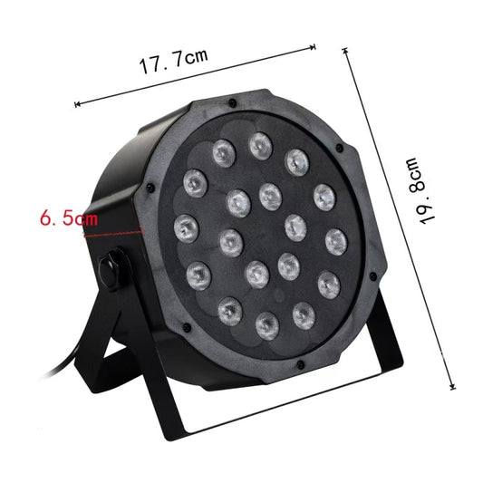 Black LED party light projector with round LED panel and size markings