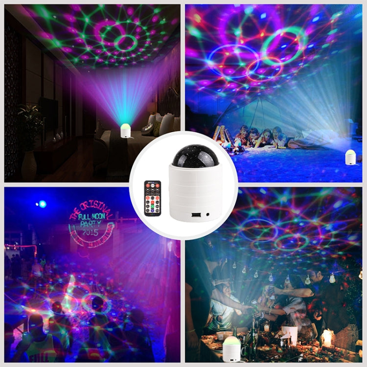 White crystal magic ball stage light with remote, showing multicolor projection effects