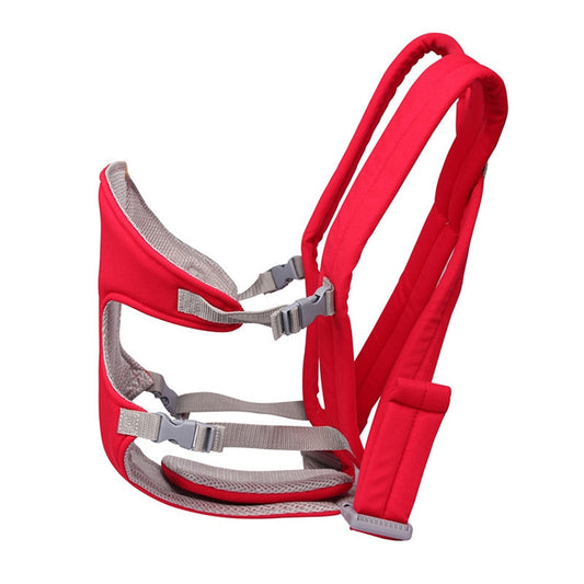 Red baby carrier backpack with wide padded straps and gray buckle hardware