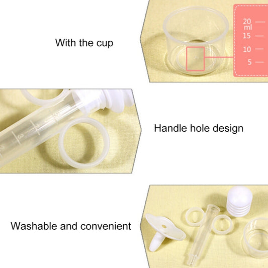 Medicine feeder with clear tube, cup attachment, and handle hole