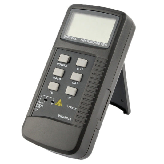Black digital thermometer, angled view showing LCD, buttons, and Type K area