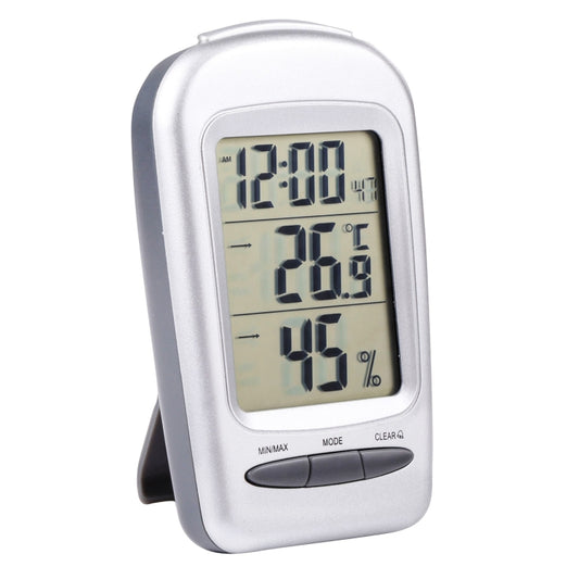 LCD digital desk thermometer/hygrometer with LCD screen and stand, white