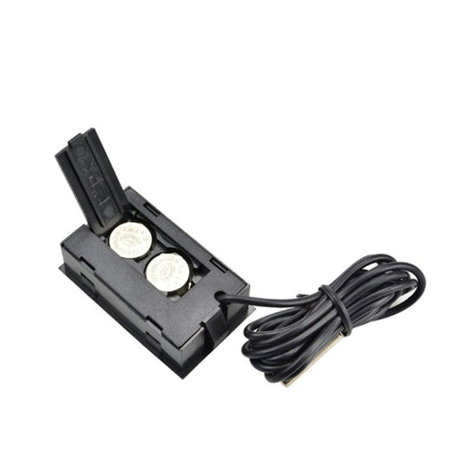 Mini LCD indoor digital thermometer with black mounting base and attached probe cable