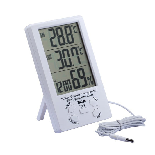 Digital indoor/outdoor thermometer-hygrometer with LCD display and extra sensor cable