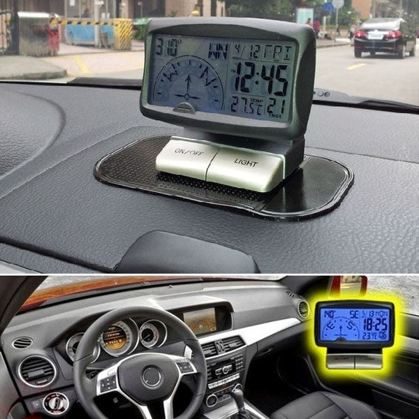 3.5-inch LCD digital car compass mounted on car dashboard with suction base