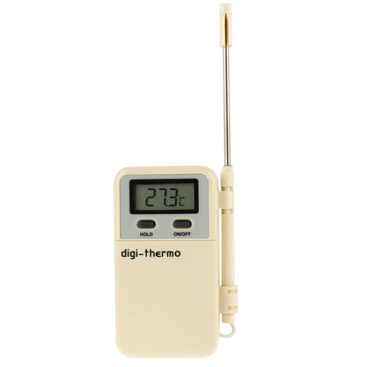 Digital food thermometer with LCD display and beige body, shown with extended metal probe