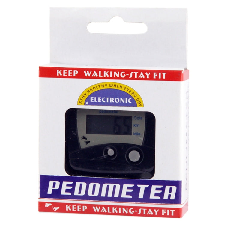 Electronic pedometer retail box with KEEP WALKING-STAY FIT branding and LCD window.