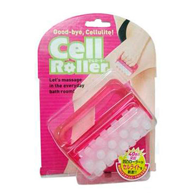 Cell roller massager in pink blister pack with visible studded roller