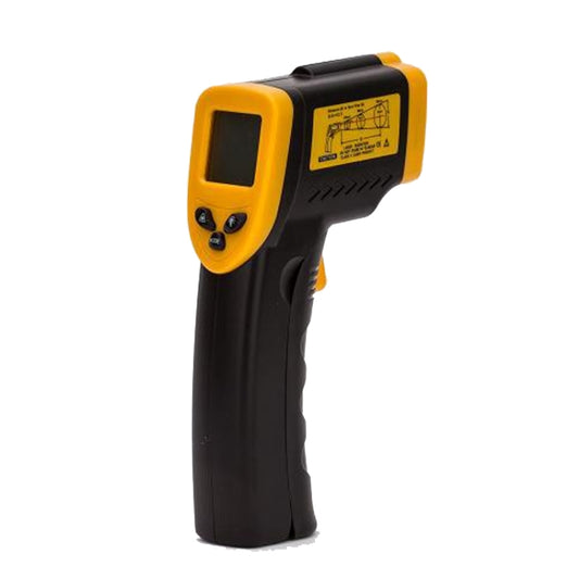 Handheld infrared thermometer with black and yellow body, trigger grip, and display window
