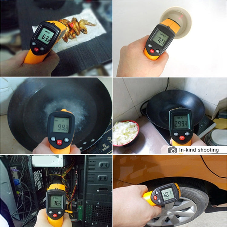 Infrared thermometer used on equipment, screens show readings in multiple scenes