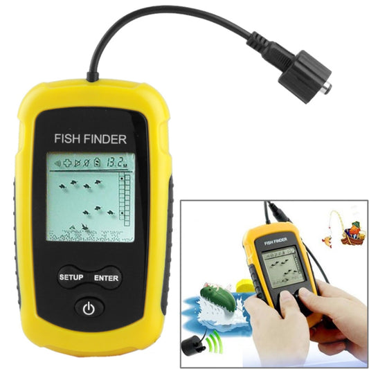 Portable fish finder with 2.0-inch display, yellow handheld case and screen