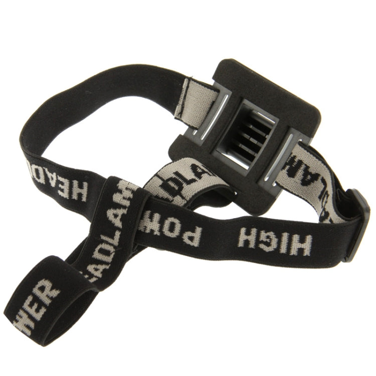 Close-up head strap with black webbing, gray bands, and front buckle