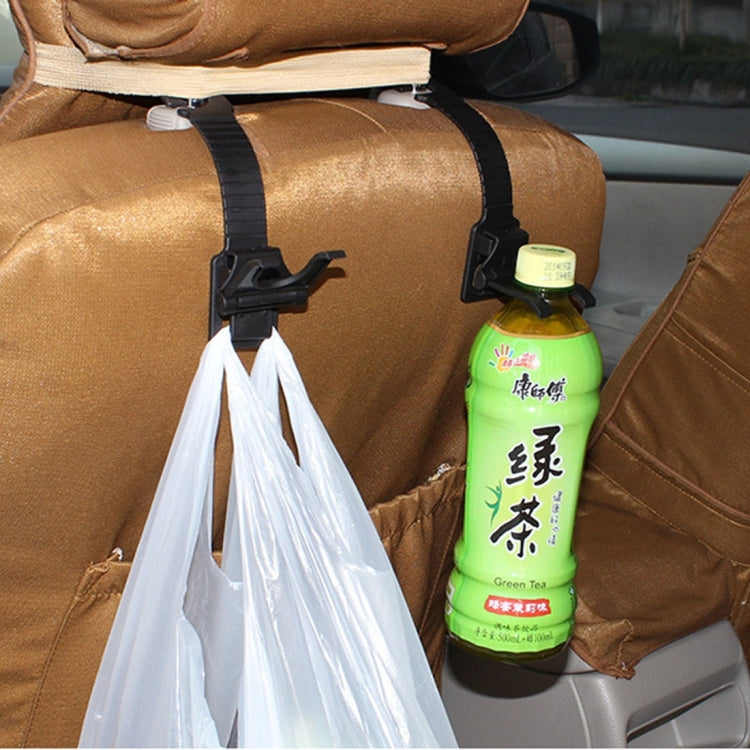 Two black plastic car seat hooks mounted on seatback, holding bag and bottle