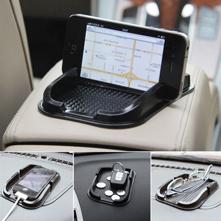 Universal smartphone holder mounted on dashboard with phone, textured grip, black