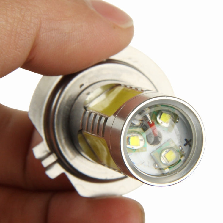 Close-up of H7 LED fog light bulb front lens showing inner LED chips
