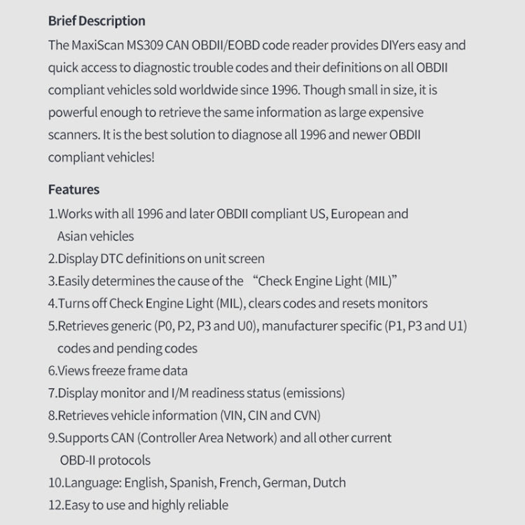 Printed features and description text page for OBDII/EOBD code reader