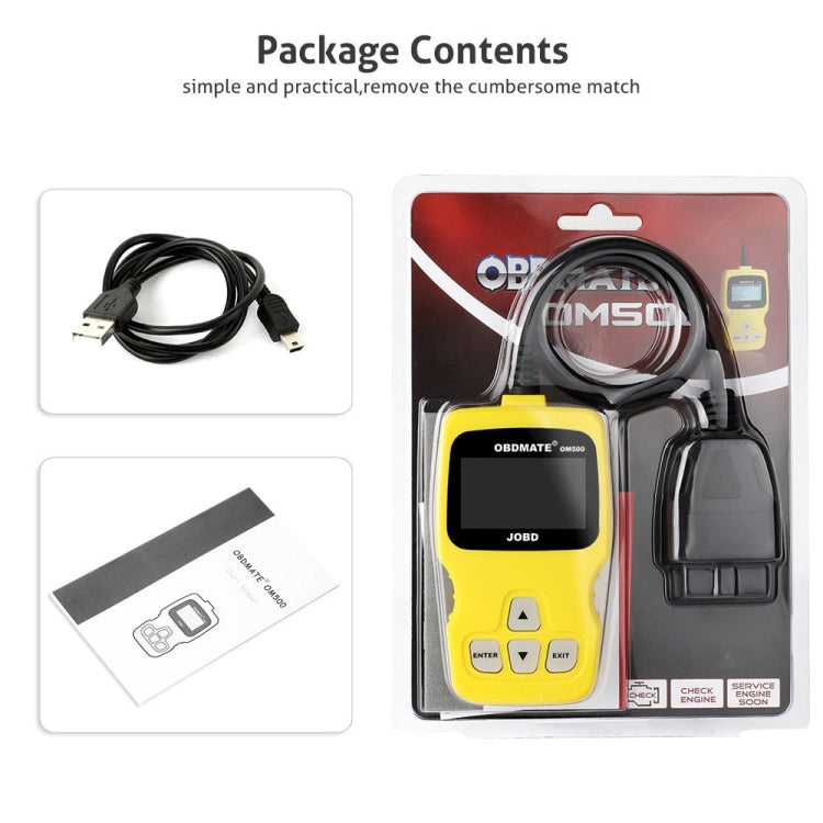 OBDMATE OM500 code reader kit with handheld device, cables, and instruction card