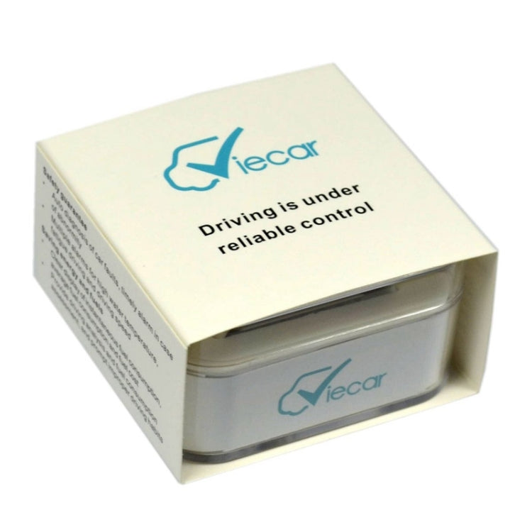 Viecar OBDII diagnostic scanner retail box with printed features and logo, cream