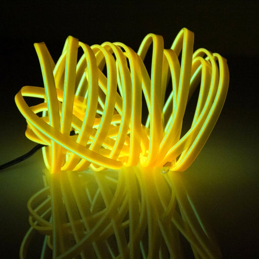 Orange flexible LED car strip light coil, glowing with attached leads