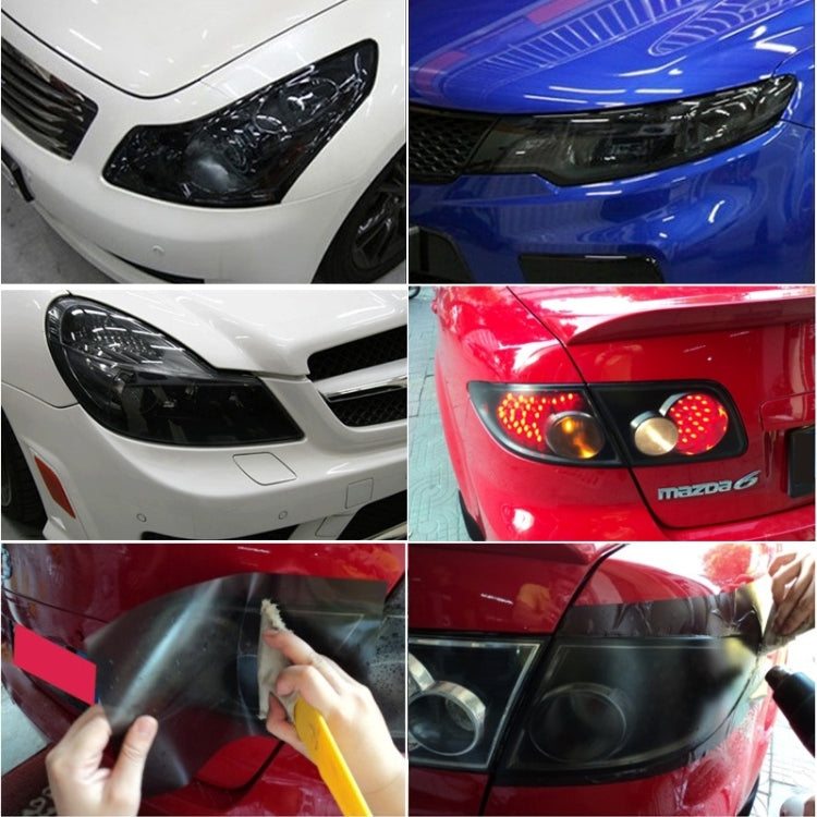 Hands applying black protective car sticker film to car headlight area with squeegee