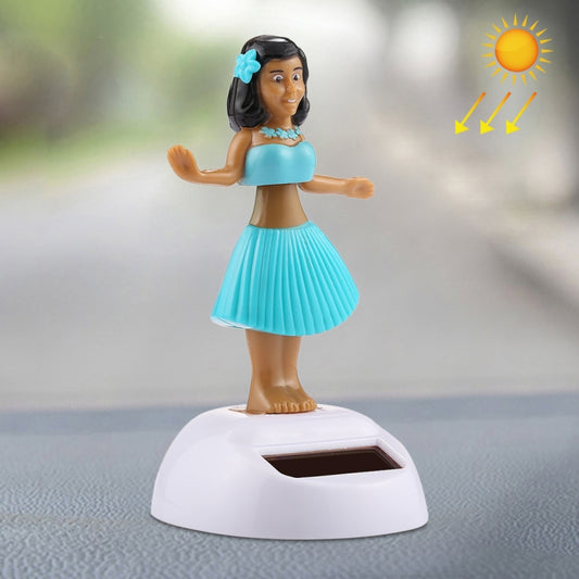 Solar bobble-head hula dancer ornament with blue skirt on white solar base
