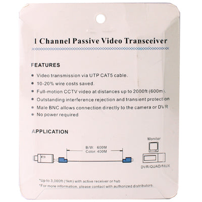 Product packaging back for 1-channel passive video transceiver with features diagram