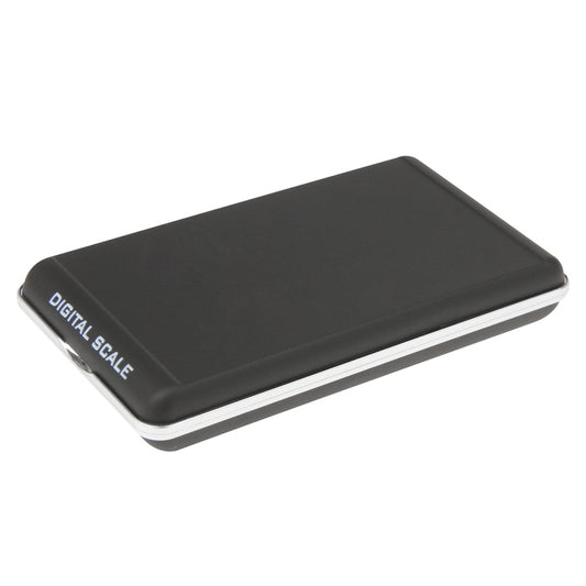Compact digital scale with black top cover and silver underside trim
