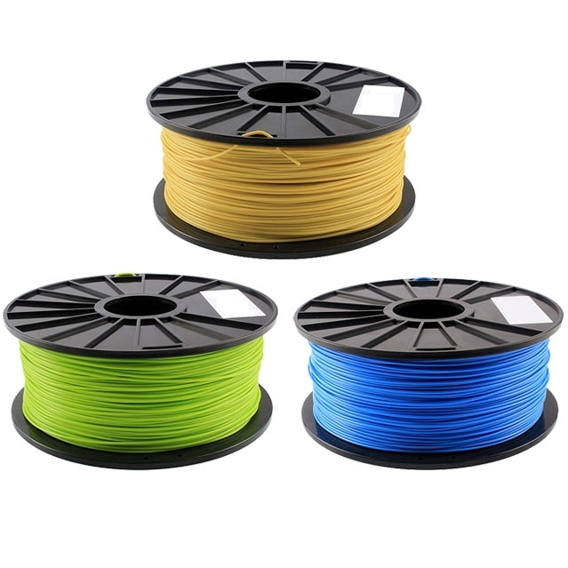 Three 3D printer filament spools: neon green, blue, and golden yellow on black reels