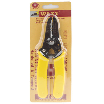 Precision wire stripper cutter pliers on blister card with yellow handle grips
