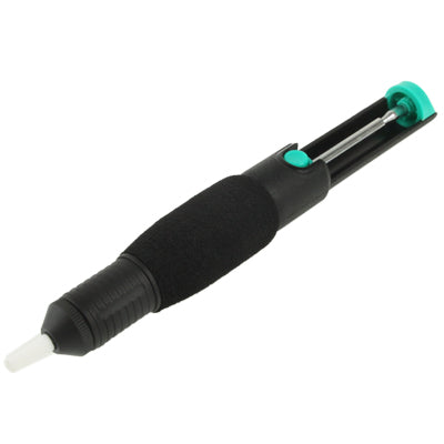 Handheld desoldering pump with black grip, teal cap, and white soldering tip