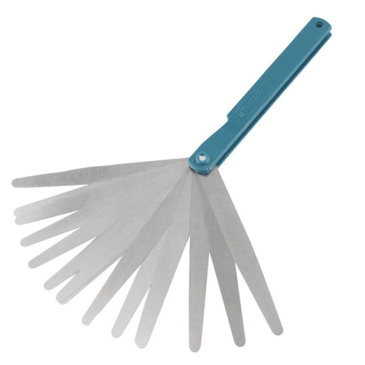 17-blade feeler gauge tool with blue handle and spread steel leaf blades
