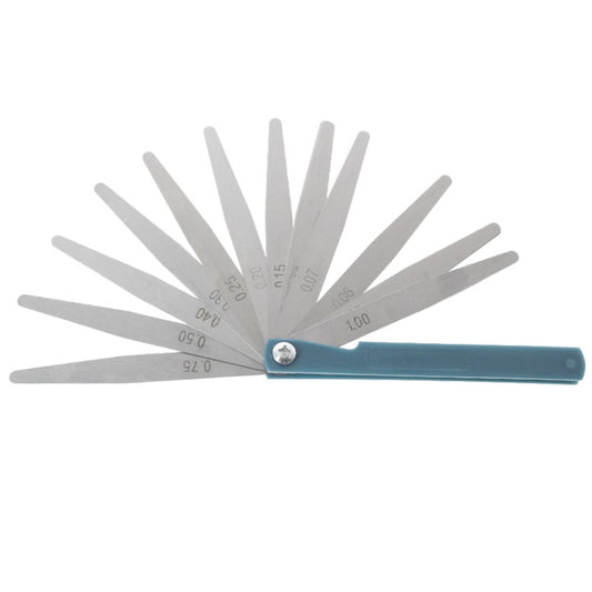 17-blade metric feeler gauge tool with blue handle and numbered steel leaf blades