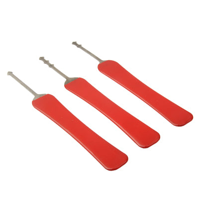 Lock pick tools with red grips and metal hook ends, three-piece set