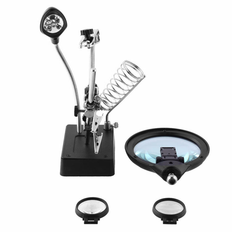 Soldering stand with LED magnifier, spring support, and two interchangeable lenses