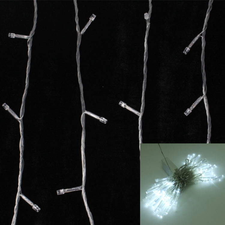 White LED string lights with small bulb tips on clear wire, shown lit and unlit