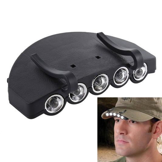 Black headlamp with five LED bulbs on an adjustable strap, white light output.
