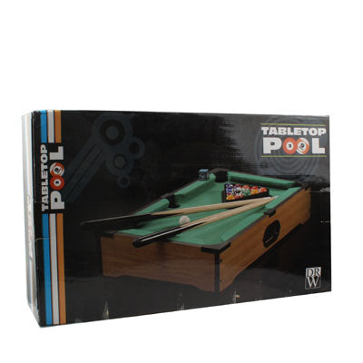 Tabletop pool game set box showing a miniature table with green felt and cue sticks