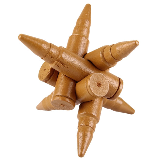 Wooden bullet-shaped locking puzzle toy with connected cone pegs