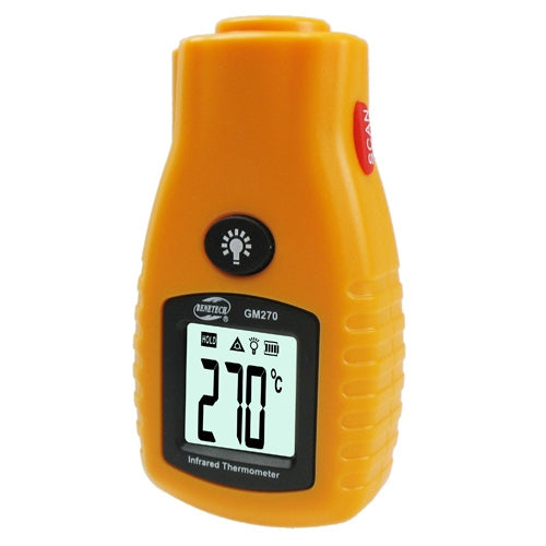 Handheld infrared thermometer with yellow body, LCD screen showing 20°C, side button
