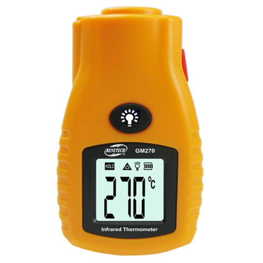 Handheld infrared thermometer with yellow body, digital display showing 77°F, mode dial