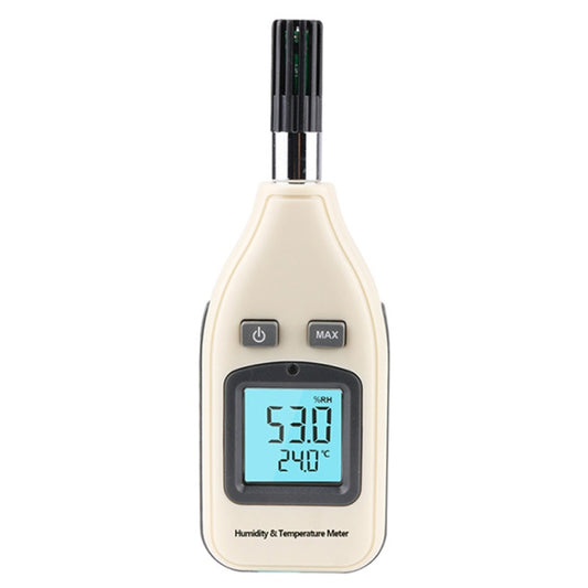 Digital humidity and temperature meter with LCD screen, power and MAX buttons, cream body