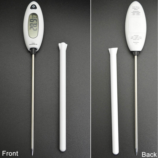 Food thermometer with LCD display and long probe, front and back views